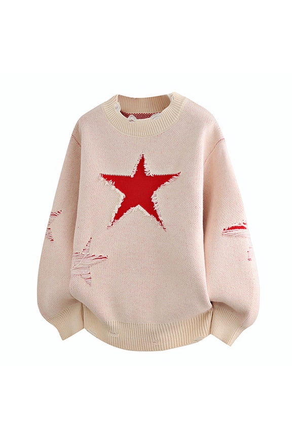 Mens Sweater Casual Star Long Sleeve Ripped Pullover Crew Neck Tops Relaxed Fit Long Sleeve Soft Knitted Sweaters