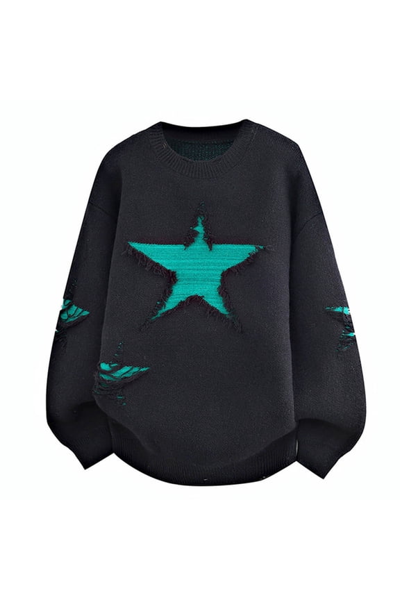 Mens Sweaters Ripped Star Long Sleeve Pullover Crew Neck Casual Tops Long Sleeve Regular Fit Knitted Soft Sweaters