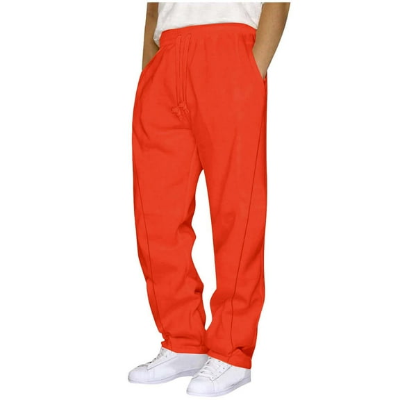 COSFO Mens Sweatpants with Pockets Orange Open Bottom Athletic Baggy Wide Leg Pants Elastic Waist Sport Relaxed Fit Drawstring Trousers Mens Sweatpants