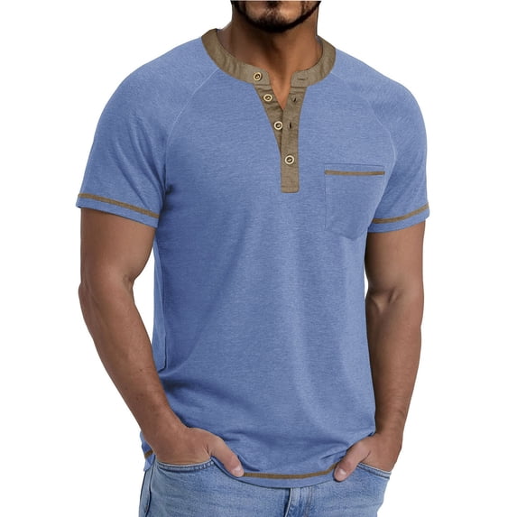 COSFO Mens T-Shirts Cotton Henley Short Sleeve Solid Tops Regular Fit Pullover with Pocket Button Mens Classic T-Shirt