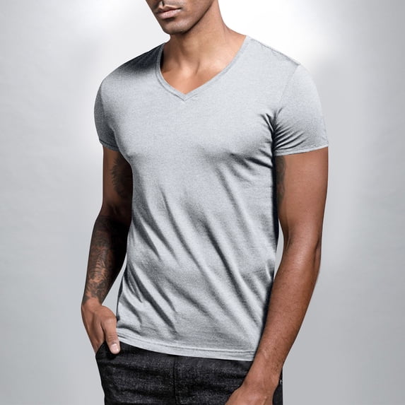 COSFO Mens T Shirts Summer Short Sleeve Gray Tops Loose Fit V Neck Basic Pullover Mens Classic T-Shirt