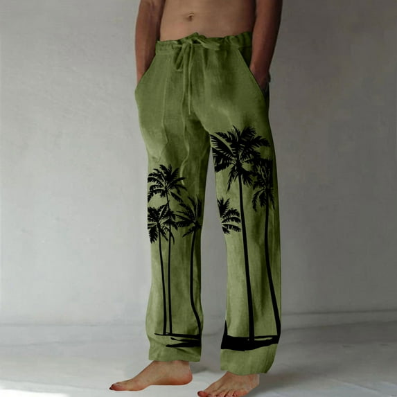 COSFO Mens Tactical Pants Straight-Leg Green Joggers Full Casual Hawaiian Drawstring Elastic Waist Mens Pants Relaxed Fit