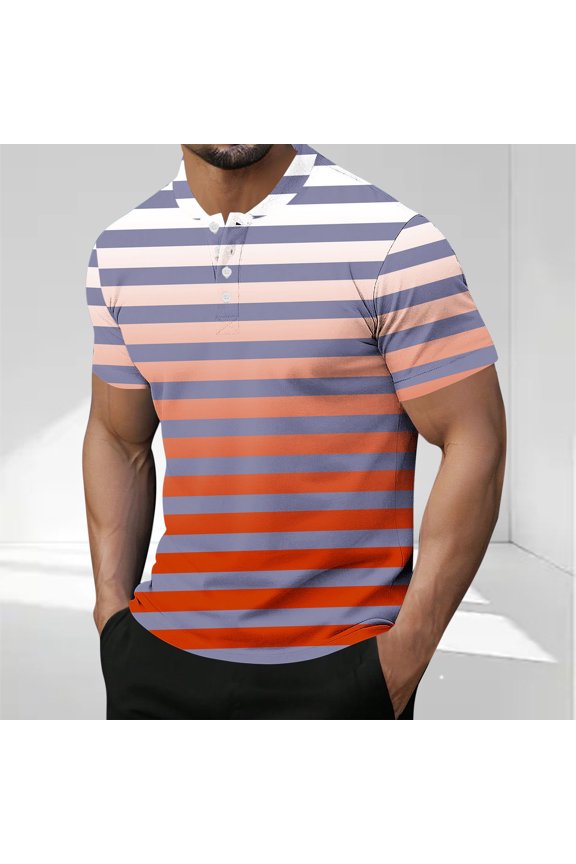 Mens Tshirts Short Sleeve Henley Casual Tops Button Striped Loose Gradient Pullover Mens Graphic Tees