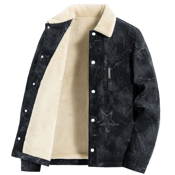 COSFO Mens Winter Jackets Vintage Fleece Corduroy Shacket Collar Button Down Long Sleeve Outdoor Mens Coat