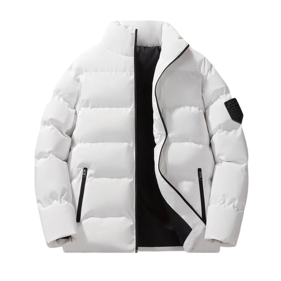 COSFO Mens Winter Puffer Jacket White Full Zip Casual Coat Long Sleeve Cotton Loose Fit Stand Colla Winter Coats for Men