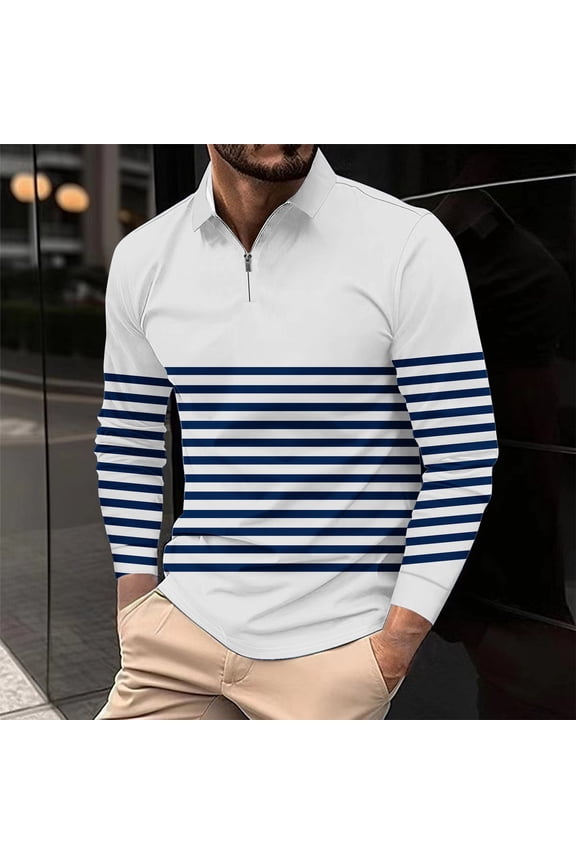Mesh Men Polo Shirts Casual Striped Long Sleeve Tops Pullover Relaxed Fit Collared Quarter Zip Graphic Tees