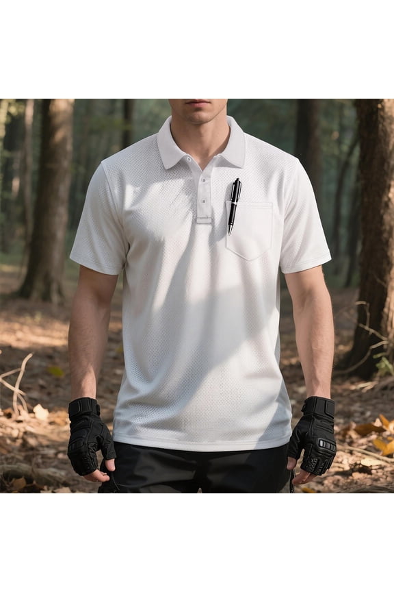 Mesh Men's Polo Shirts Short Sleeve Golf White Tops Pullover Collared with Pocket Performance Mens Classic T-Shirt