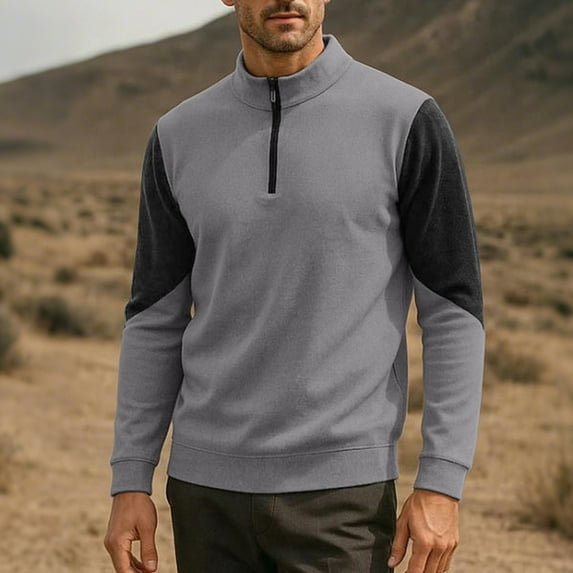 COSFO Mock Neck Mens Sweatshirts Colorblock Pullover Long Sleeve Fleece Tops Loose Fit Quarter Zip Casual Fall Men's Shirts