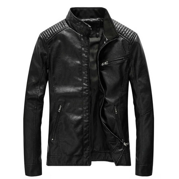 COSFO Motorcycle Jacket for Men Winter Black Faux Leather Outerwear with Pockets Long Sleeve Loose Fit Zip Up Stand Colla Mens Sport Coat