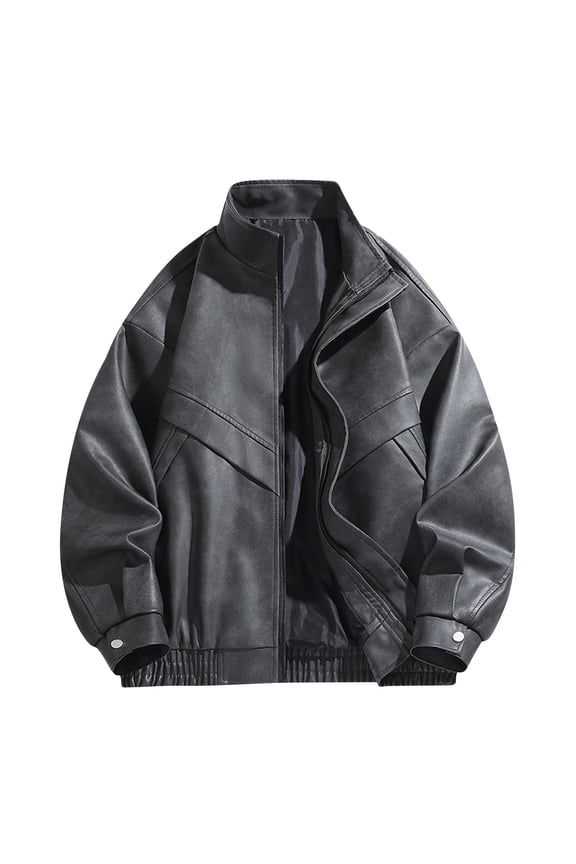Motorcycle Jackets for Men Black Casual Faux Leather Zip Up Windbreaker Long Sleeve Warm Loose Fit Stand Colla with Pockets Men's Winter Coats