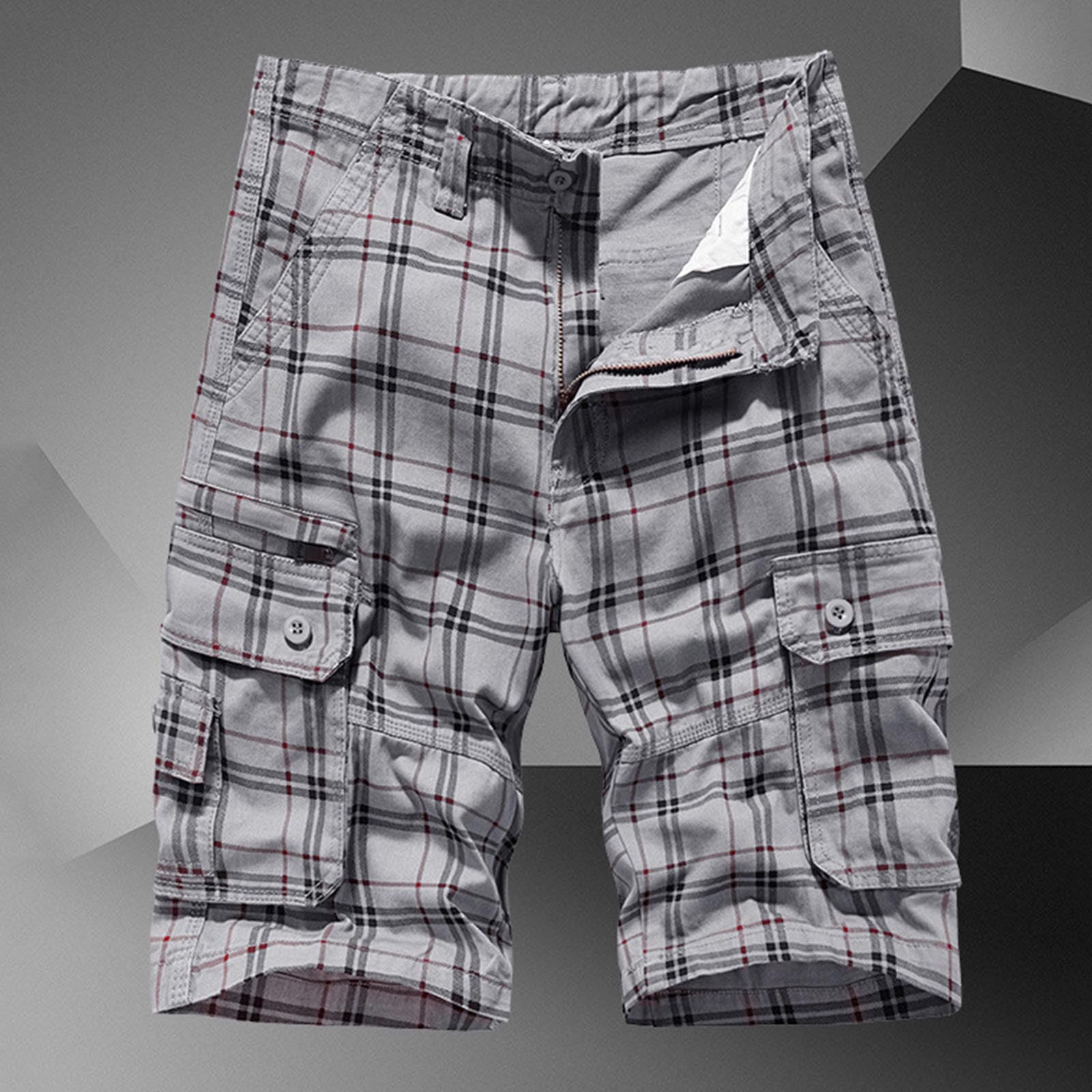 COSFO Multi Pocket Shorts Men Casual Cargo Plaid Gray Shorts Button ...