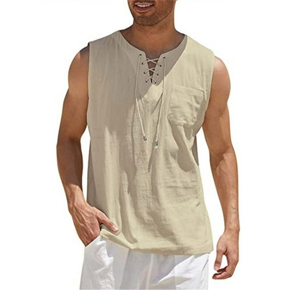 COSFO Muscle Running Tank Top Men Cotton Linen Casual Yellow Shirts Loose V Neck Summer Sleeveless with Pocket Tank Tops