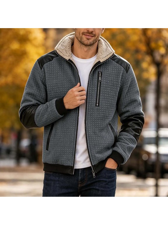 No Hood Men Fleece Jacket Sherpa Lined Zipper Jackets Stand Colla Thick Elbow Patch Colorblock Long Sleeve Coat