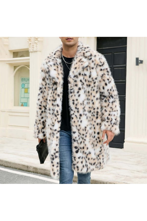 Open Front Men's Sport Coats Leopard Print Faux Fur Outdoor Outerwear Warm Winter Loose Fit Collar Long Sleeve Winter Jackets for Men