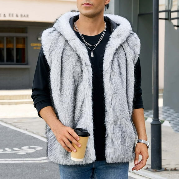 COSFO Open Front Men's Vest Hooded Casual Faux Fur Gray Jacket Warm Loose Fit Sleeveless Mens Jackets