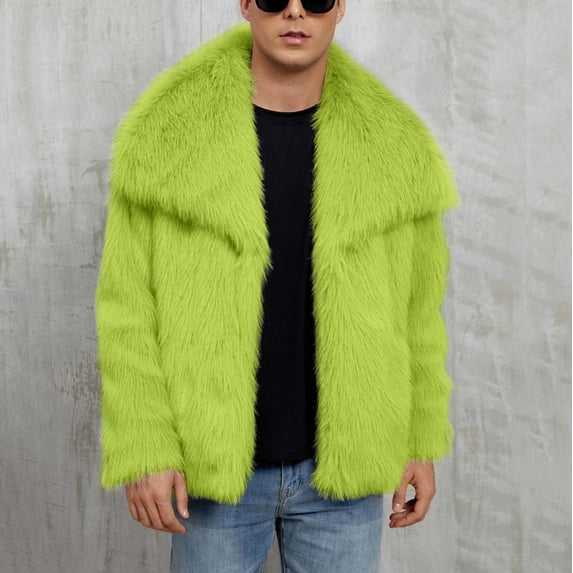 COSFO Open Front Winter Jackets for Men Green Casual Faux Fur Outwear Lapel Collar Loose Fit Long Sleeve Men's Winter Coats