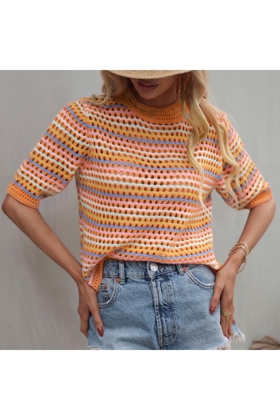Orange Fall Sweaters for Women Striped Elbow-Length Knit Crew Neck Tops Women Drop Shoulder Sweaters Pullover Tops for Women