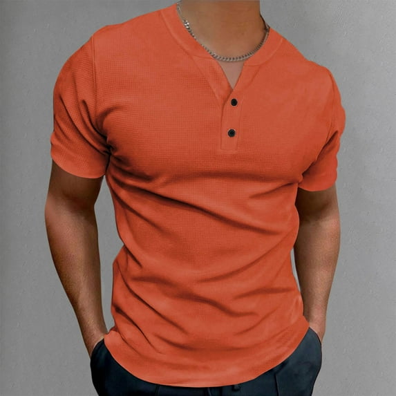 COSFO Orange Mens T-Shirts Casual V-Neck Solid Short Sleeve Tops Slim Pullover Classic Tee