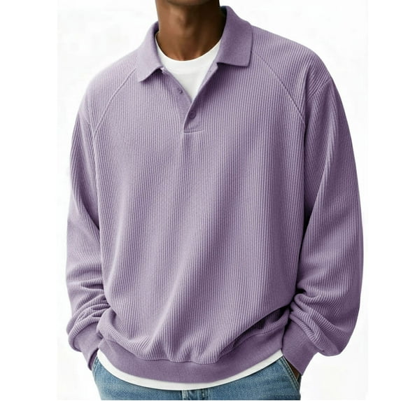 COSFO Oversized Tshirts for Men Collared Purple Long Sleeve Ribbed Tops Loose Fit Pullover Button Mens Classic T-Shirt