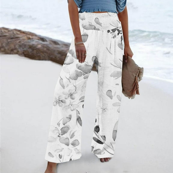COSFO Palazzo Pants for Women High Elastic Waisted Black Floral Casual Wide Leg Pants with Pocket Loose Pants