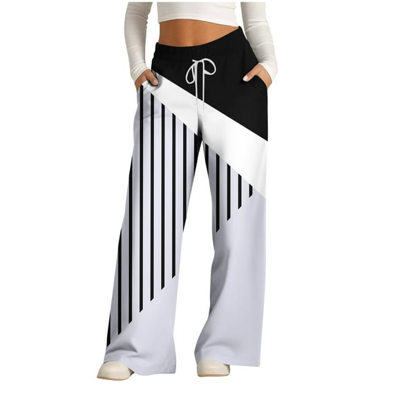 COSFO Palazzo Pants for Women Striped Gray High Elastic Waisted Casual Wide Leg Pants Drawstring Adjustable Width Loose Pants