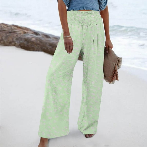 COSFO Palazzo Women's Pant Green High Elastic Waisted Boho Casual Wide Leg Pants Loose with Pocket Pants