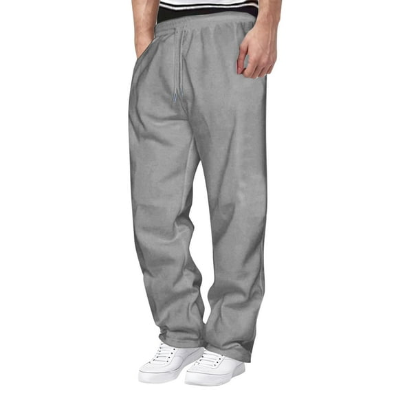 COSFO Pants Men Gray Casual Baggy Pants Elastic Waist Straight Leg Drawstring Relaxed Fit with Pockets Trousers for Men