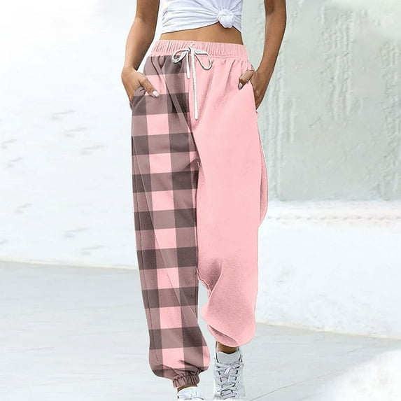 COSFO Pink Women Sweatpants Casual Elastic Waist Plaid Joggers Taper Pants Loose Drawstring Adjustable Width Pants