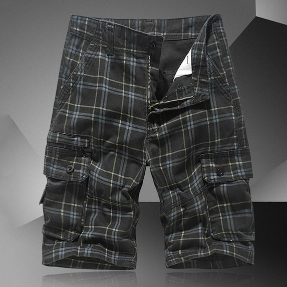 COSFO Plaid Men's Shorts Cargo Black Casual Multi Pocket Shorts Comfort Waist Zipper Button Shorts