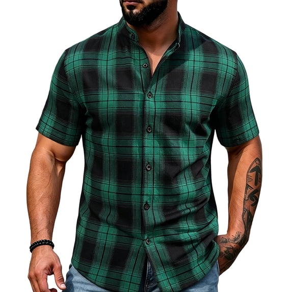 COSFO Plaid Mens Short Sleeve Button Down Shirts Work Summer Shirt Mock Neck Loose Fit Casual Tops
