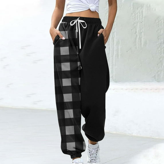 COSFO Plaid Sweat Pants for Womens Black Joggers Elastic Waist Casual Taper Pants Drawstring Adjustable Width Loose Pants