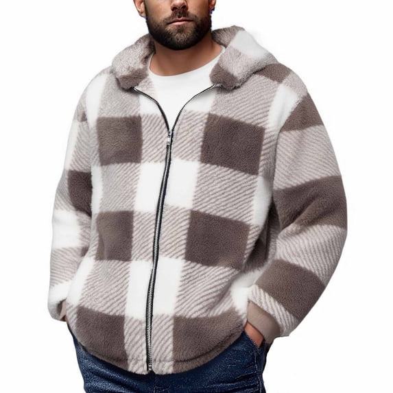COSFO Plaid Winter Jackets for Men Lightweight Casual Zip Up Fleece Outerwear Stand Colla with Pockets Loose Fit Long Sleeve Mens Winter Coats