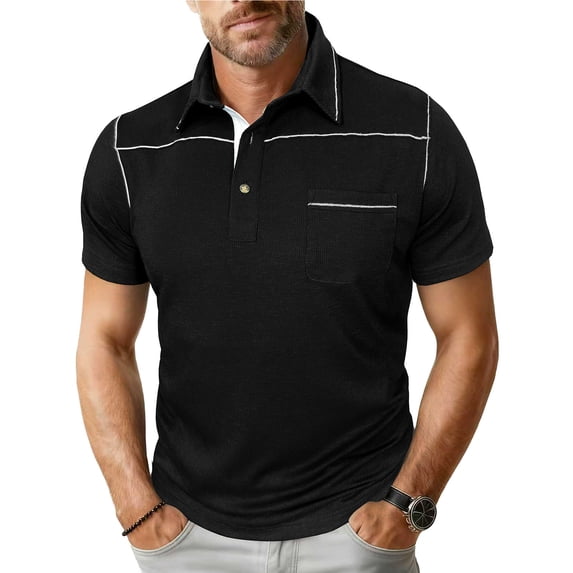COSFO Polo Shirt Men Ribbed Knit Short Sleeve with Pockets Black Basic Tops Relaxed Fit Collar Pullover Performance Classic T-Shirt