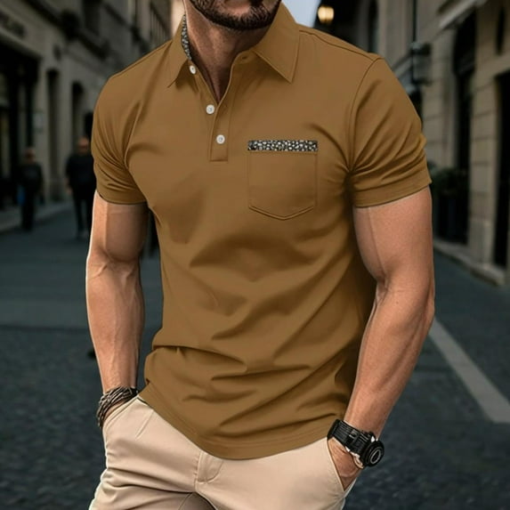 COSFO Polo Shirt Men with Pockets Short Sleeve Golf Brown Basic Tops Pullover Collared Slim Fit Performance Mens Classic T-Shirt