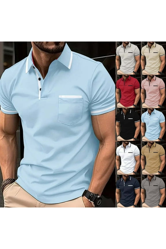 Polo Shirts for Men Solid Casual Collared Short Sleeve Tops Pullover Classic Performance with Pocket Shirts