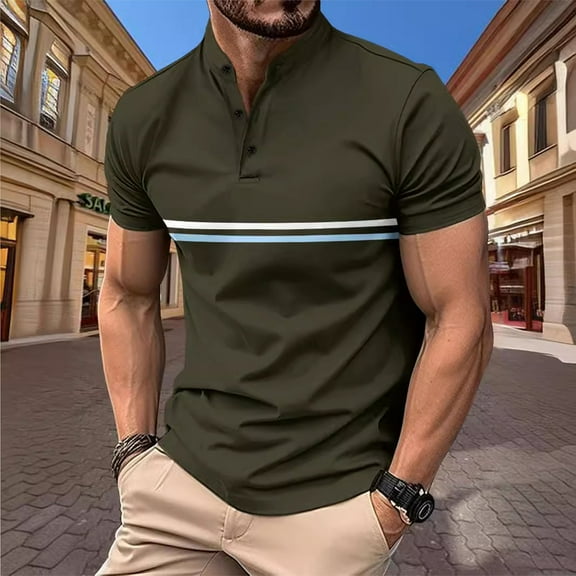 COSFO Polo T Shirts for Men Collared Casual Short Sleeve Striped Tops Slim Button Pullover Shirts
