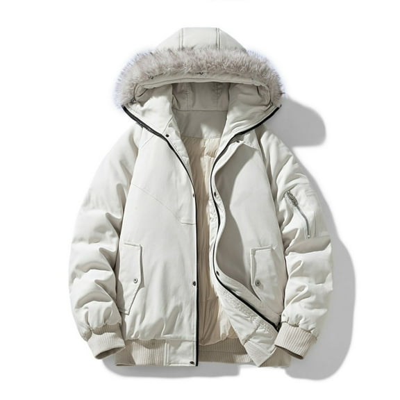 COSFO Puffer Jacket for Men Full Zip Up White Hooded Faux Fur Windbreaker Windproof Thick Long Sleeve Coat for Men