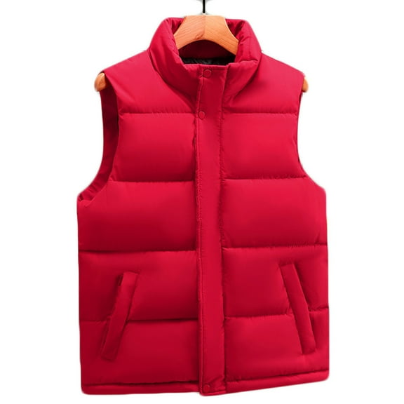 COSFO Puffer Vest Men Red Puffy Solid Zip Up Waistcoat Stand Collar Sleeveless Warm with Pockets Loose Fit Mens Jacket