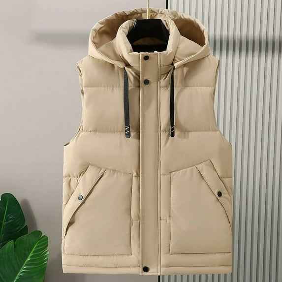 COSFO Puffer Vest for Men Beige Removable Hood Cotton Coats Zip Up Winter Loose Fit Sleeveless Warm Sports Coats for Men