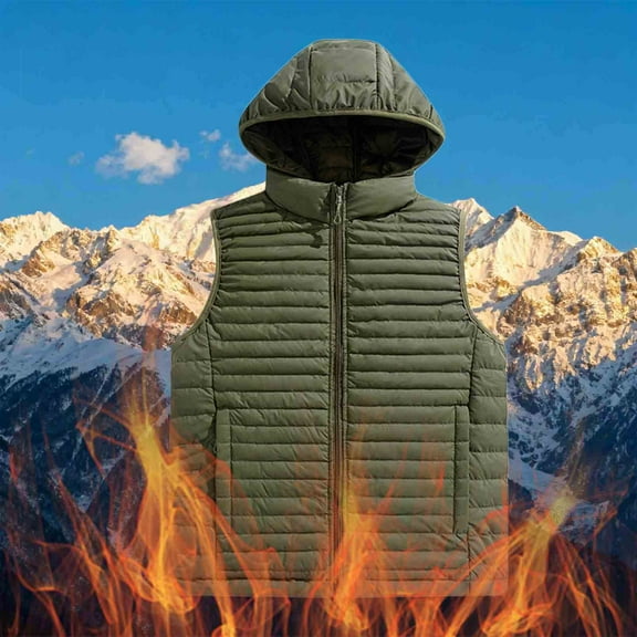COSFO Puffer Vest for Men Solid Green Full Zip Lightweight Hooded Outerwear with Pockets Loose Fit Warm Sleeveless Men Jackets