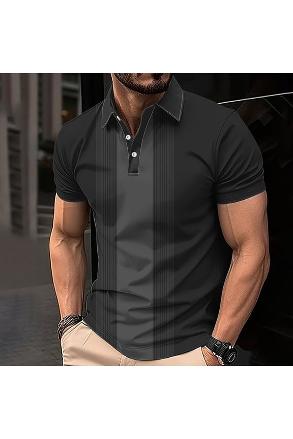 Pullover Polo Shirts for Men Casual Collared Short Sleeve Striped Tops Loose Button Graphic Tees