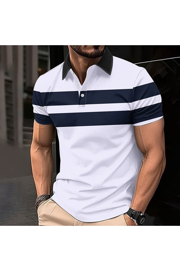 Pullover Polo Shirts for Men Striped Collared Casual Short Sleeve Tops Button Loose Graphic Tees