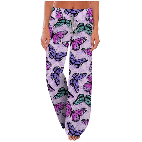 COSFO Purple Pants for Women Wide Leg Drawstring Lounge Butterfly Loose Pants Breathable Casual Full Length High Elastic Waisted Pants