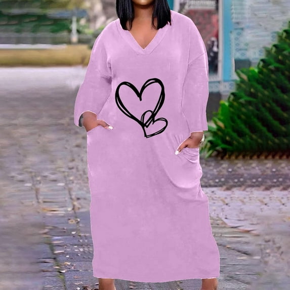 COSFO Purple Womens Fall Dresses V-Neck Love Heart Casual Long Sleeve Midi Dresses with Pockets Plus Size A-Line Loose Fit Dresses