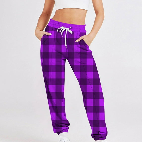 COSFO Purple Womens Sweatpants Joggers Plaid Casual Elastic Waist Taper Pants Loose Drawstring Adjustable Width Pants