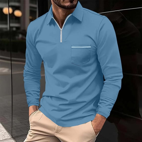 COSFO Quarter Zip Men Polo Shirts Casual Long Sleeve Blue Top Collared with Pocket Slim Fit Pullover Classic T-Shirt