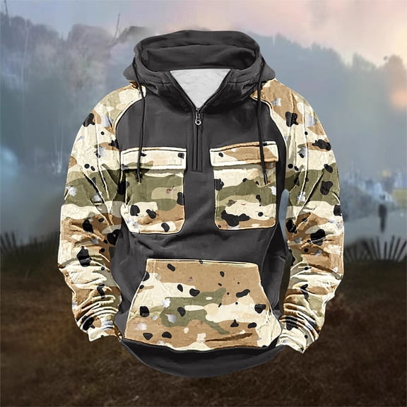 COSFO Quarter Zip Mens Sweatshirts Work Hooded Camouflage Shirts with Pocket Long Sleeve Loose Fit Men's Hoodies