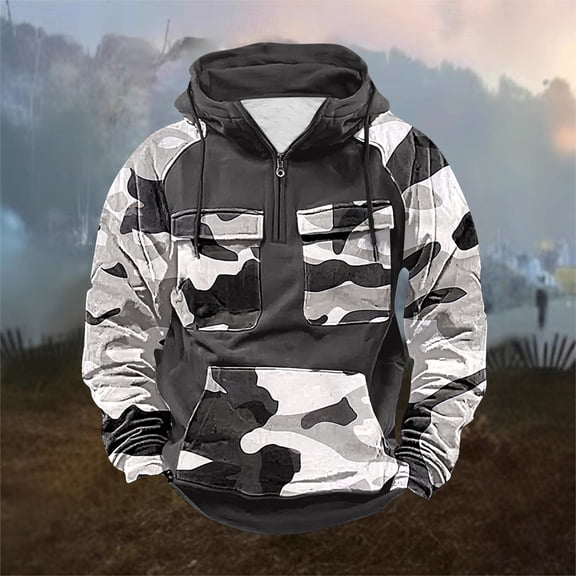 COSFO Quarter Zip Sweatshirt Men Work Camouflage Hooded Shirts with Pocket Long Sleeve Loose Fit Mens Hoodies