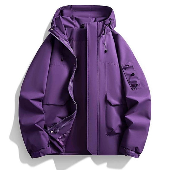 COSFO Rain Jacket Men Waterproof Purple Winter Hooded Windbreaker Full Zip Loose Fit Long Sleeve Hiking Men's Sport Coats