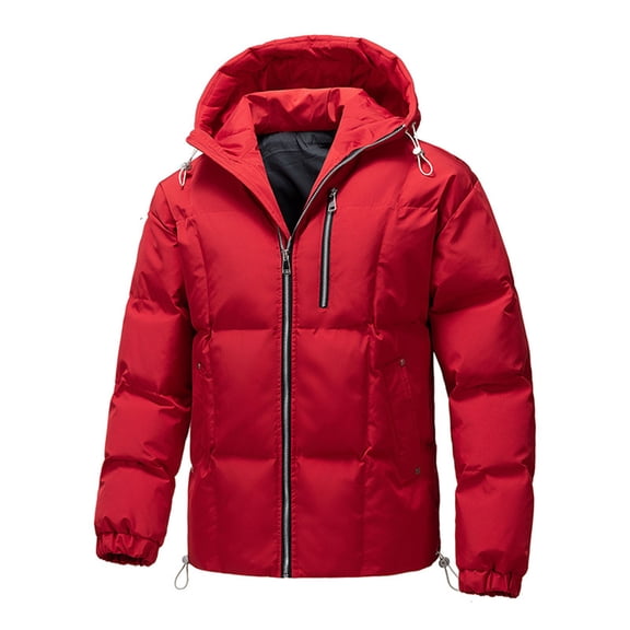 COSFO Red Men's Rain Puffer Jacket Zip Up Hooded Windbreaker Waterproof Warm Long Sleeve Loose Fit Winter Mens Winter Coats
